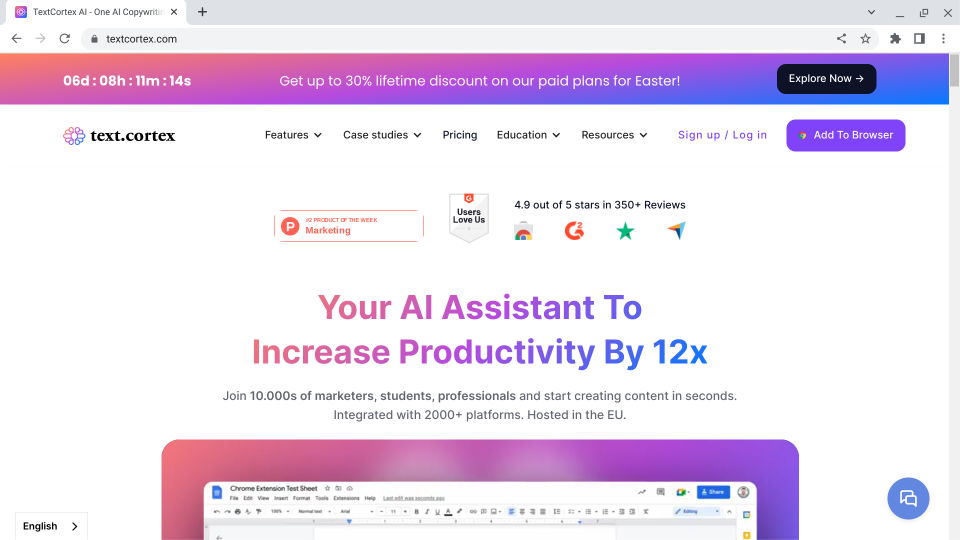 Text Cotex Copy writing AI software program website screenshot.